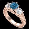 Image 1 : 2.01 CTW Fancy Intense Blue Diamond Art Deco 3 Stone Ring 18K Rose Gold - REF-343X6T - 37580