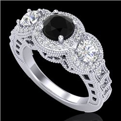 2.16 CTW Fancy Black Diamond Solitaire Art Deco 3 Stone Ring 18K White Gold - REF-254N5Y - 37667