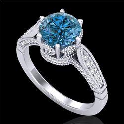 2.2 CTW Intense Blue Diamond Solitaire Engagement Art Deco Ring 18K White Gold - REF-314A5X - 38090