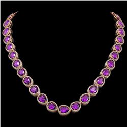 43.2 CTW Amethyst & Diamond Halo Necklace 10K Rose Gold - REF-603H3A - 41226