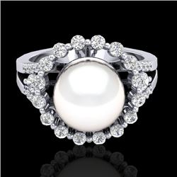 0.83 Ct Micro Pave VS/SI Diamond & Pearl Halo Ring 18K White Gold - REF-85M6H - 20706