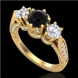 2.18 CTW Fancy Black Diamond Solitaire Art Deco 3 Stone Ring 18K Yellow Gold - REF-200F2N - 38110