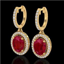 4.25 CTW Ruby & Micro Pave VS/SI Diamond Earrings Solitaire Halo 18K Yellow Gold - REF-118M2H - 2033