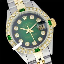 Rolex Men's Two Tone 14K Gold/SS, QuickSet, Diam Dial & Diam/Emerald Bezel - REF-557X2Y