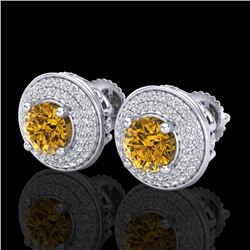 2.35 CTW Intense Fancy Yellow Diamond Art Deco Stud Earrings 18K White Gold - REF-236Y4K - 38134