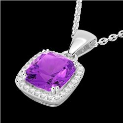 3 CTW Amethyst & Micro VS/SI Diamond Pave Halo Necklace 18K White Gold - REF-48H9A - 22815