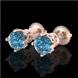 1.26 CTW Fancy Intense Blue Diamond Art Deco Stud Earrings 18K Rose Gold - REF-133Y3K - 37790