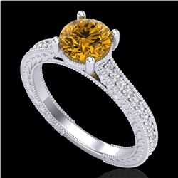 1.45 CTW Intense Fancy Yellow Diamond Engagement Art Deco Ring 18K White Gold - REF-209W3F - 37756