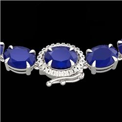 92 CTW Sapphire & VS/SI Diamond Tennis Micro Pave Halo Necklace 14K White Gold - REF-270Y2K - 23460