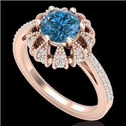 1.65 CTW Fancy Intense Blue Diamond Engagement Art Deco Ring 18K Rose Gold - REF-230X9T - 37727