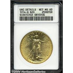 1914-S[$20]--Scratched Obverse--ANACS. Unc Details, Net MS60.