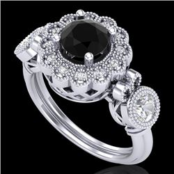 1.5 CTW Fancy Black Diamond Solitaire Art Deco 3 Stone Ring 18K White Gold - REF-170M2H - 37849