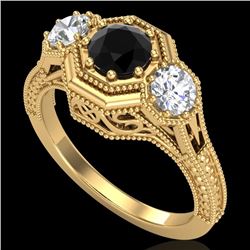 1.05 CTW Fancy Black Diamond Solitaire Art Deco 3 Stone Ring 18K Yellow Gold - REF-132X8T - 37949