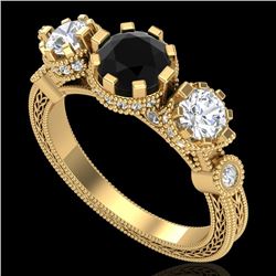 1.75 CTW Fancy Black Diamond Solitaire Art Deco 3 Stone Ring 18K Yellow Gold - REF-153F6N - 37879