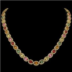 31.96 CTW Multi Color Sapphire & Diamond Halo Necklace 10K Yellow Gold - REF-674A4X - 40450