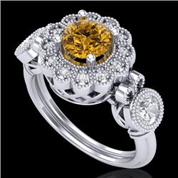 1.5 CTW Intense Fancy Yellow Diamond Art Deco 3 Stone Ring 18K White Gold - REF-309K3W - 37854