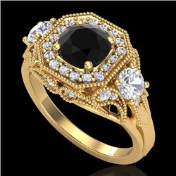 2.11 CTW Fancy Black Diamond Solitaire Art Deco 3 Stone Ring 18K Yellow Gold - REF-180M2H - 38299