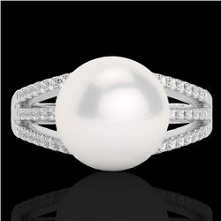 0.30 CTW Micro Pave VS/SI Diamond & Pearl Designer Ring 18K White Gold - REF-50A8X - 22629