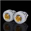 Image 1 : 2.09 CTW Intense Fancy Yellow Diamond Art Deco Stud Earrings 18K White Gold - REF-218F2N - 38015