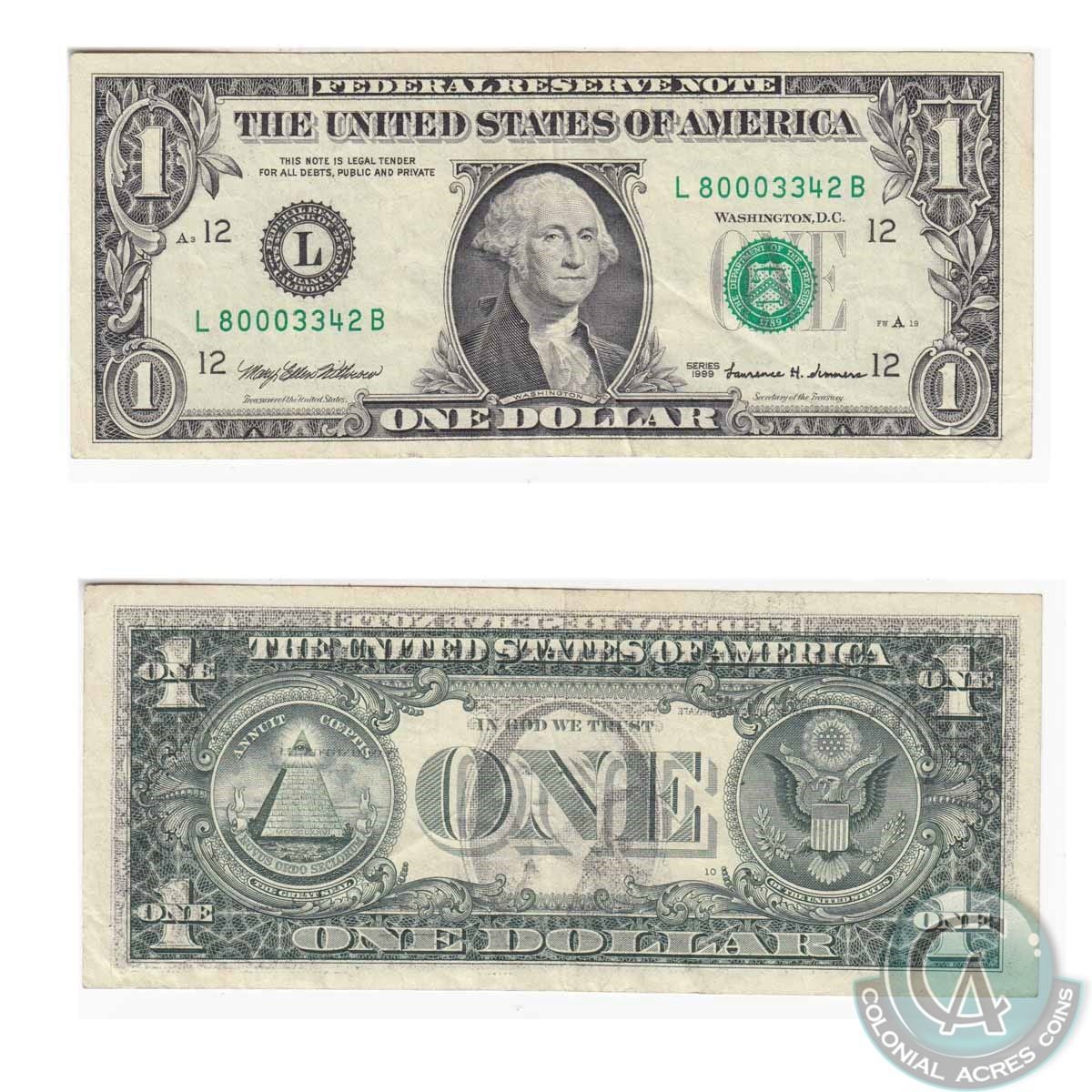 Off Set Error Banknote USA; 1999 $1 Banknote ERROR 100% Front on Back Offset
