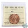 Image 1 : 1-cent 1903 ICCS Certified MS-65 Red. Tied for 2nd Highest grade this coin is nearly 100% full lustr