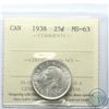 Image 1 : 25-cent 1938 ICCS Certified MS-63. A Blast white coin with strong features. Minor toning spots on th