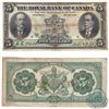 Image 1 : 630-12-04. 1913 The Royal Bank of Canada $5. S/N: 4880075/D. Note is F-VF with some damage.