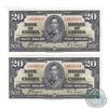 Image 1 : BC-25c. Pair of 2x 1937 Bank of Canada $20, Coyne-Towers Banknotes in sequence. S/N: K/E4850334. B