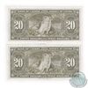 Image 2 : BC-25c. Pair of 2x 1937 Bank of Canada $20, Coyne-Towers Banknotes in sequence. S/N: K/E4850334. B