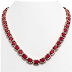 58.59 CTW Ruby & Diamond Halo Necklace 10K Rose Gold - REF-777H8A - 41334