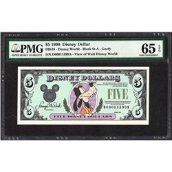 1990 $5 Disney Dollars Note PMG Gem Uncirculated 65EPQ