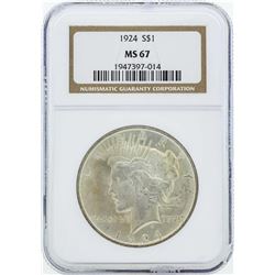 1924 $1 Peace Silver Dollar Coin NGC MS67