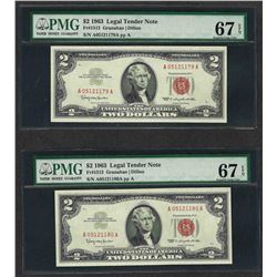 Lot of (2) Consecutive 1963 $2 Legal Tender Notes PMG Superb Gem Uncirculated 67