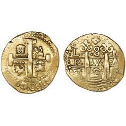 Lima, Peru, cob 8 escudos, 1725M, Louis I, rare.