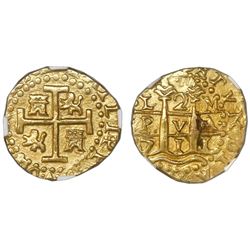 Lima, Peru, cob 2 escudos, 1711M, NGC MS 62, ex-1715 Fleet (designated on label).