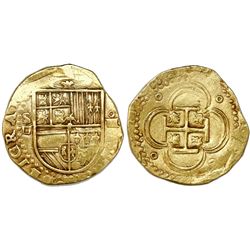Seville, Spain, cob 4 escudos, Philip II, assayer Gothic D below mintmark S to left.