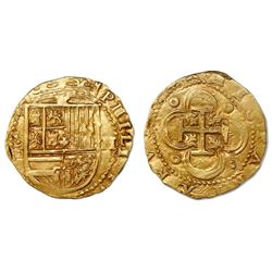 Seville, Spain, cob 2 escudos, Philip II, assayer Gothic D below mintmark S to left.