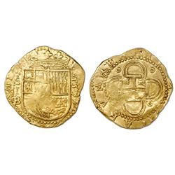Seville, Spain, cob 2 escudos, Philip II, 1595 date to right, assayer Gothic B below mintmark S and