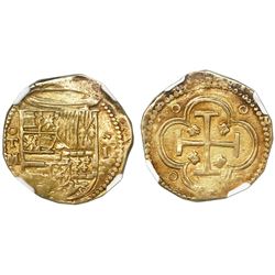 Toledo, Spain, cob 2 escudos, Philip II, assayer M below mintmark oT to left, NGC AU 55.