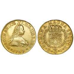 Santiago, Chile, bust 8 escudos, Ferdinand VI, 1759J, king's name as FERDINANDUS.