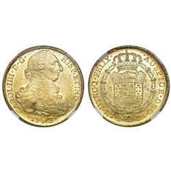 Santiago, Chile, bust 8 escudos, Charles IV (bust of Charles III), 1793DA, NGC MS 62, finest known i
