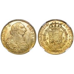 Santiago, Chile, bust 8 escudos, Charles IV (bust of Charles III), 1799DA, NGC MS 61.