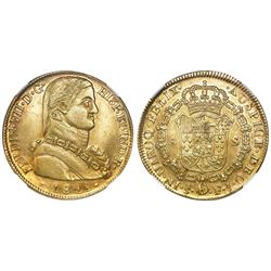 Santiago, Chile, bust 8 escudos, Ferdinand VII transitional ("admiral" bust), 1811FJ, NGC AU 58.