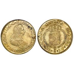 Bogota, Colombia, bust 8 escudos, Charles III (bust of Ferdinand VI), 1760JV, PCGS AU50, ex-Eldorado