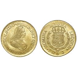 Popayan, Colombia, bust 8 escudos, Charles III (bust of Ferdinand VI), 1770J.