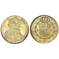 Bogota, Colombia, bust 8 escudos, Charles III, 1781JJ, PCGS AU50, ex-Young, ex-Eldorado.