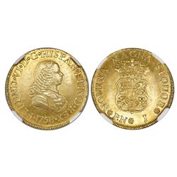 Popayan, Colombia, bust 2 escudos, Ferdinand VI, 1758J, mintmark P.N, NGC AU 53.
