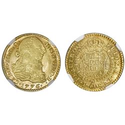Popayan, Colombia, bust 1 escudo, Charles III, 1776SF, NGC XF 45, finest known in NGC census.