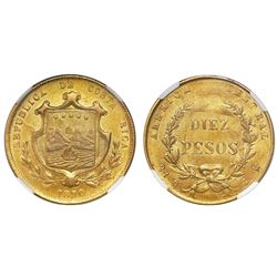 Costa Rica, 10 pesos, 1870GW, NGC MS 61.