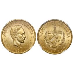 Cuba (struck at the Philadelphia mint), 20 pesos, 1915, NGC MS 62, ex-EMO Collection (stated on labe